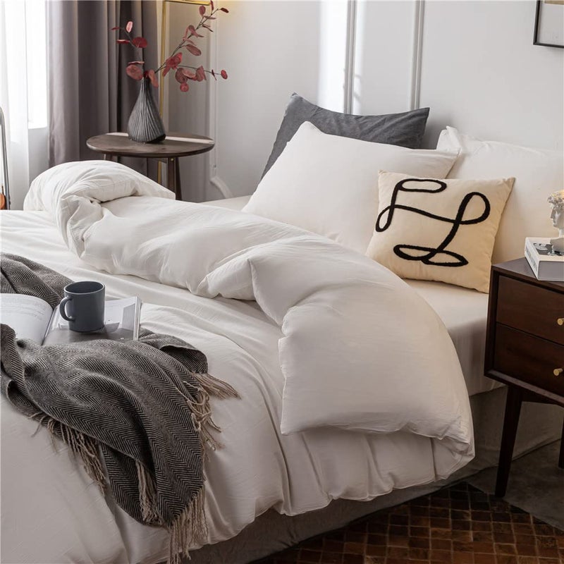 Janlive Washed Cotton Duvet Cover Queen Ultra Soft 100% Cotton Solid Color White Duvet Cover Set with Zipper Closure -3 Pieces White Queen - Image 4